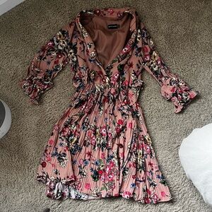 Dark Nude Floral Frill Detail Pleated Skater Dress